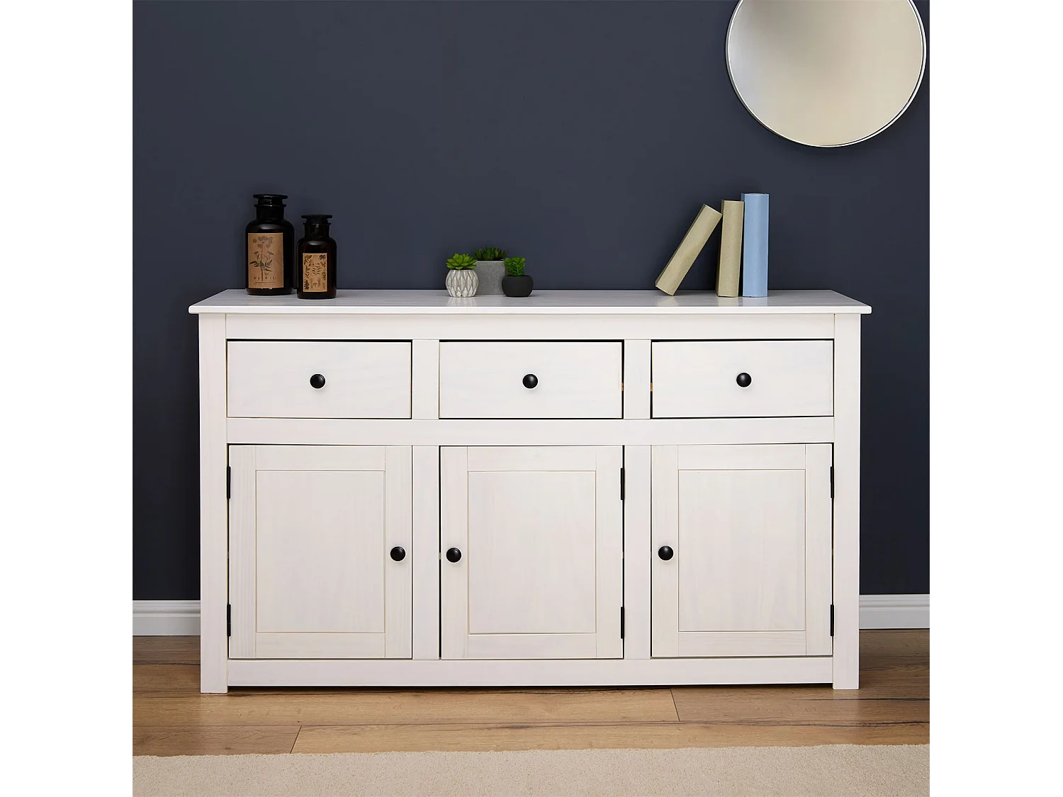 Buffet blanc PAULO bahut en pin massif avec 3 tiroirs et 3 portes