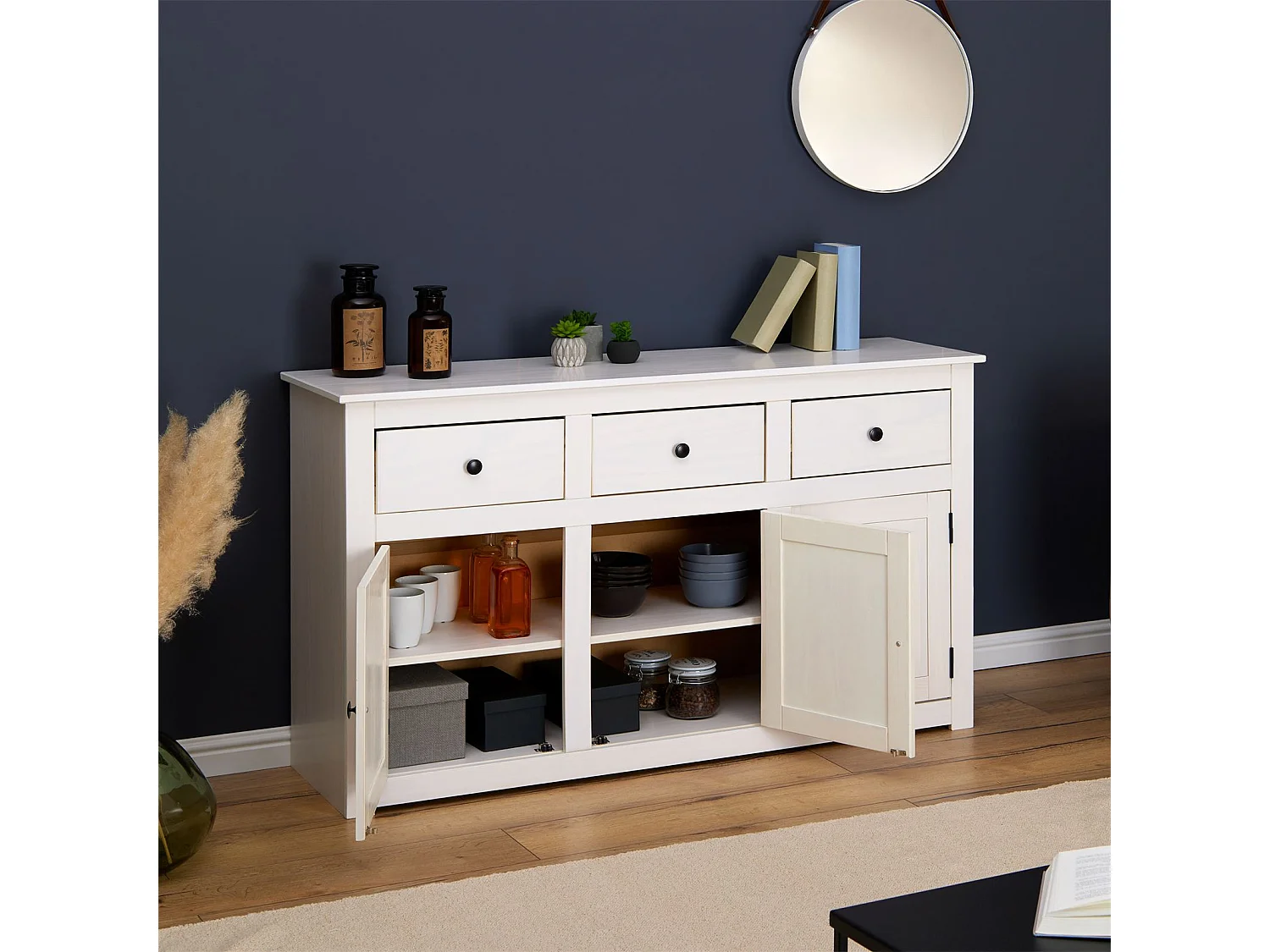 Buffet blanc PAULO bahut en pin massif avec 3 tiroirs et 3 portes