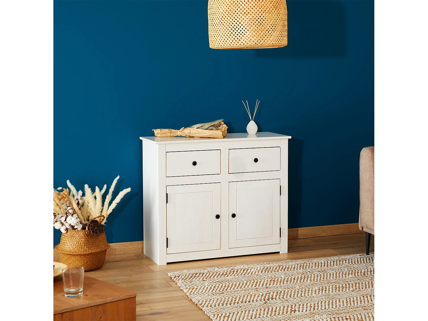 Buffet salle à manger PAULO L 93 cm en bois massif blanc avec 2 tiroirs et 2 portes, meuble de rangement pour vaisselle