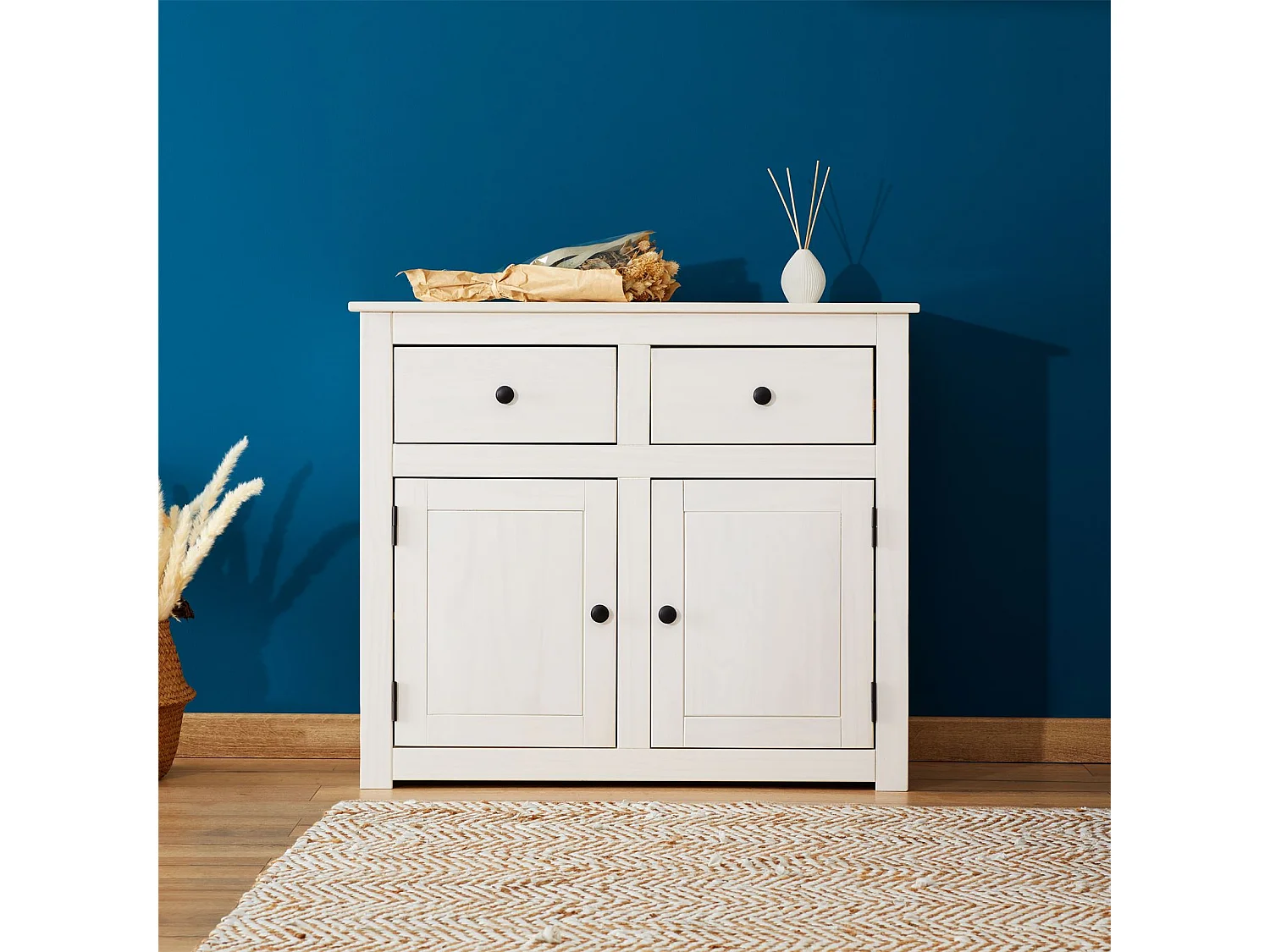 Buffet salle à manger PAULO L 93 cm en bois massif blanc avec 2 tiroirs et 2 portes, meuble de rangement pour vaisselle