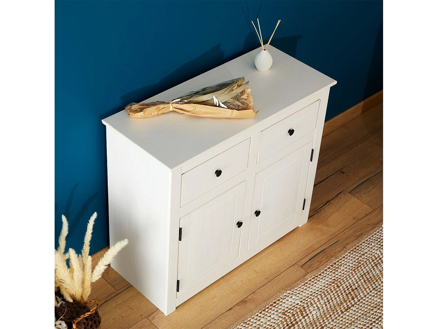 Buffet salle à manger PAULO L 93 cm en bois massif blanc avec 2 tiroirs et 2 portes, meuble de rangement pour vaisselle