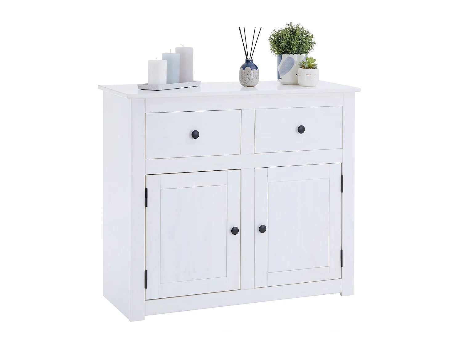 Buffet salle à manger PAULO L 93 cm en bois massif blanc avec 2 tiroirs et 2 portes, meuble de rangement pour vaisselle