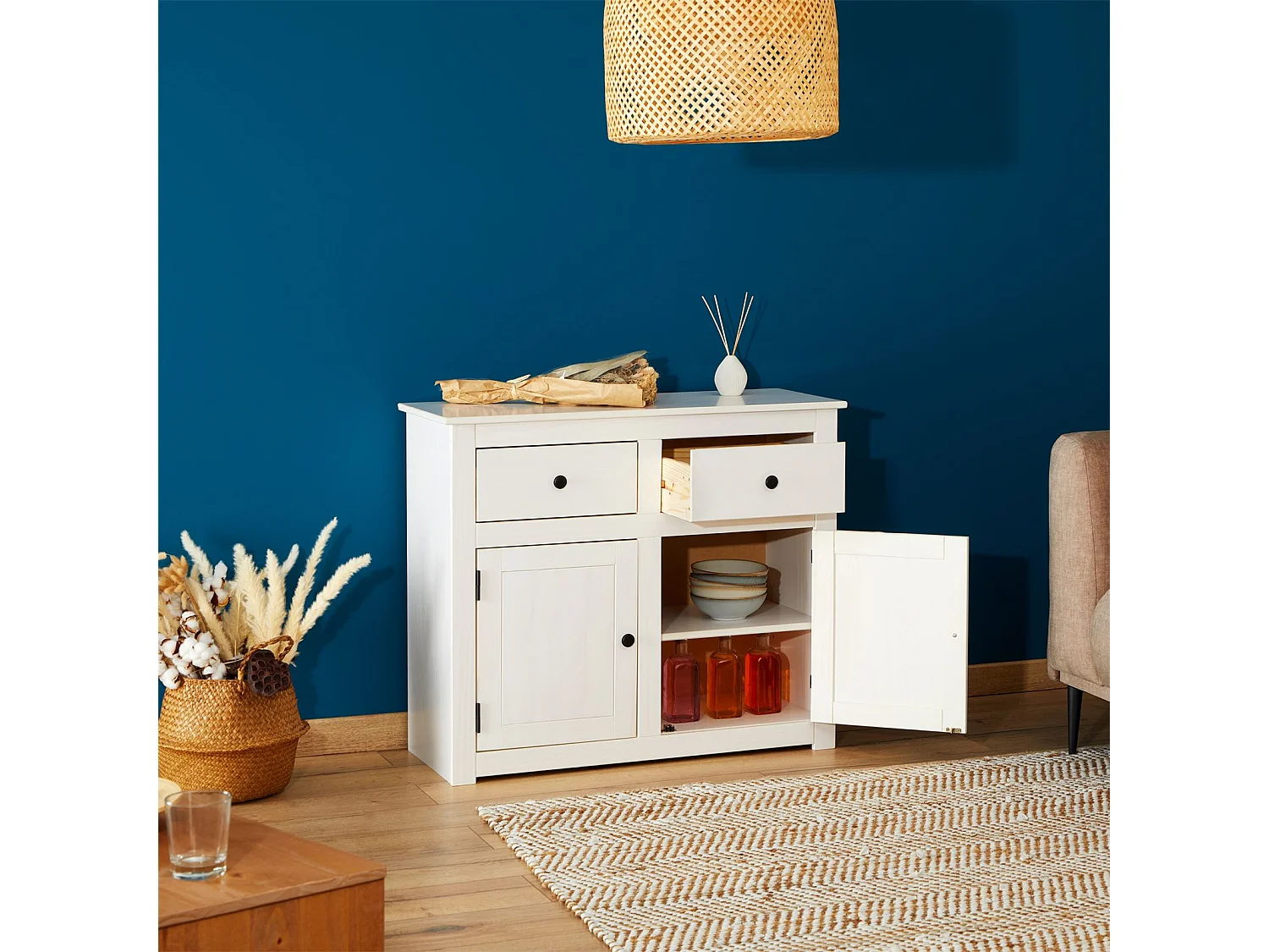 Buffet salle à manger PAULO L 93 cm en bois massif blanc avec 2 tiroirs et 2 portes, meuble de rangement pour vaisselle