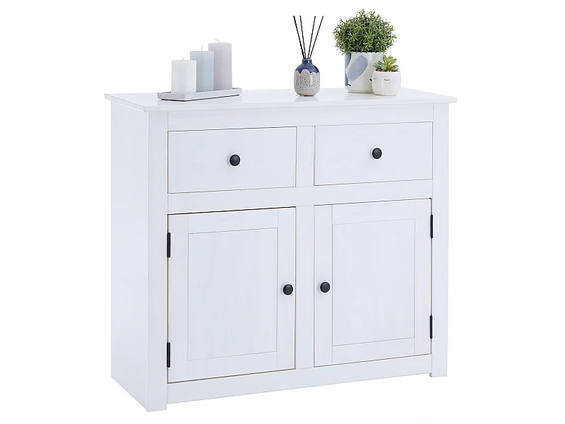 Buffet salle à manger PAULO L 93 cm en bois massif blanc avec 2 tiroirs et 2 portes, meuble de rangement pour vaisselle