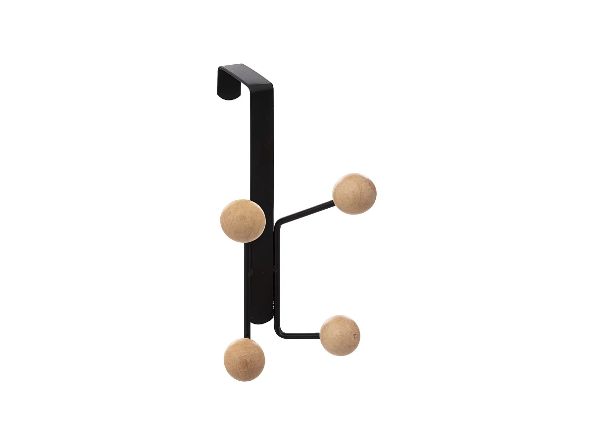 Patère de porte 4 Crochets boules bois et métal noir