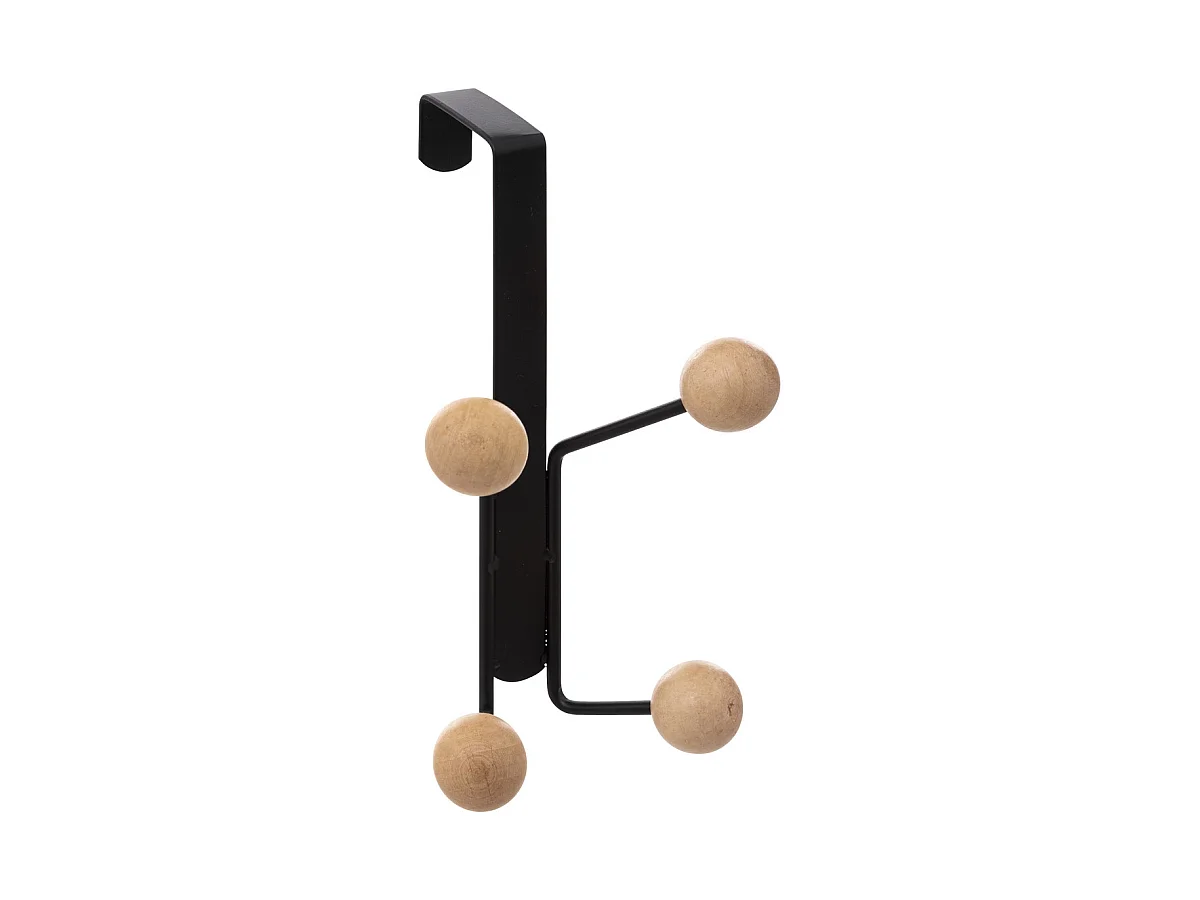 Patère de porte 4 Crochets boules bois et métal noir