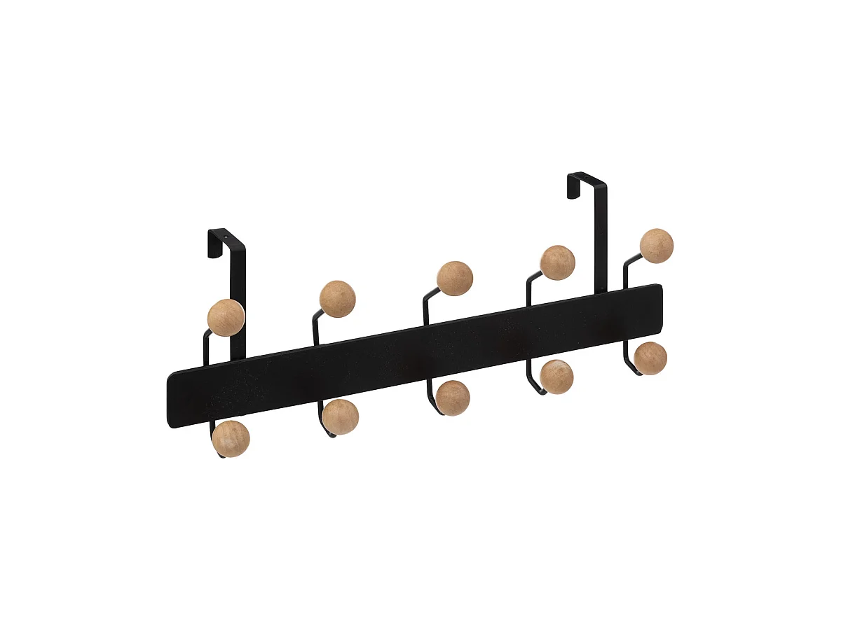 Patère de porte 10 Crochets boules bois et métal noir