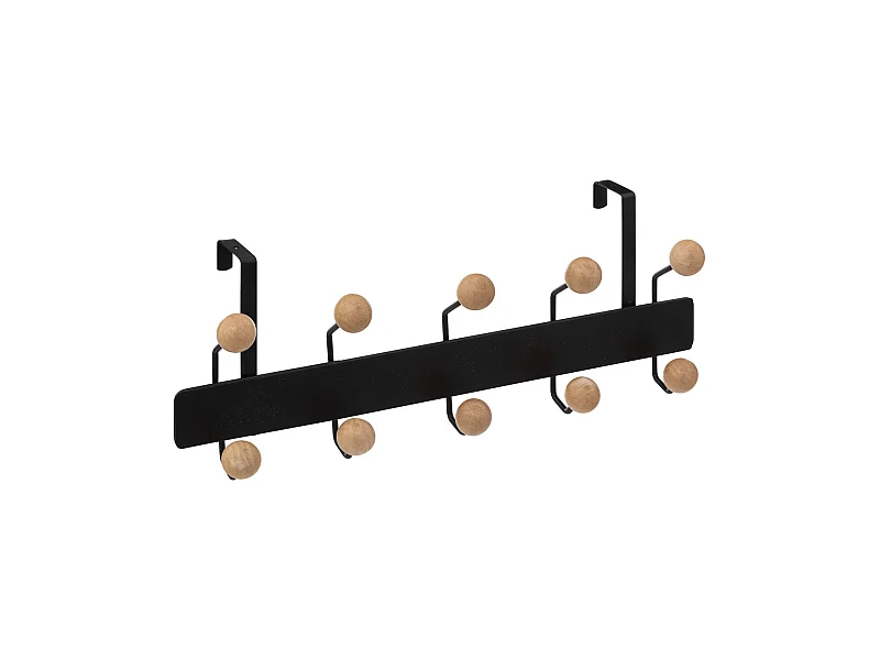 Patère de porte 10 Crochets boules bois et métal noir