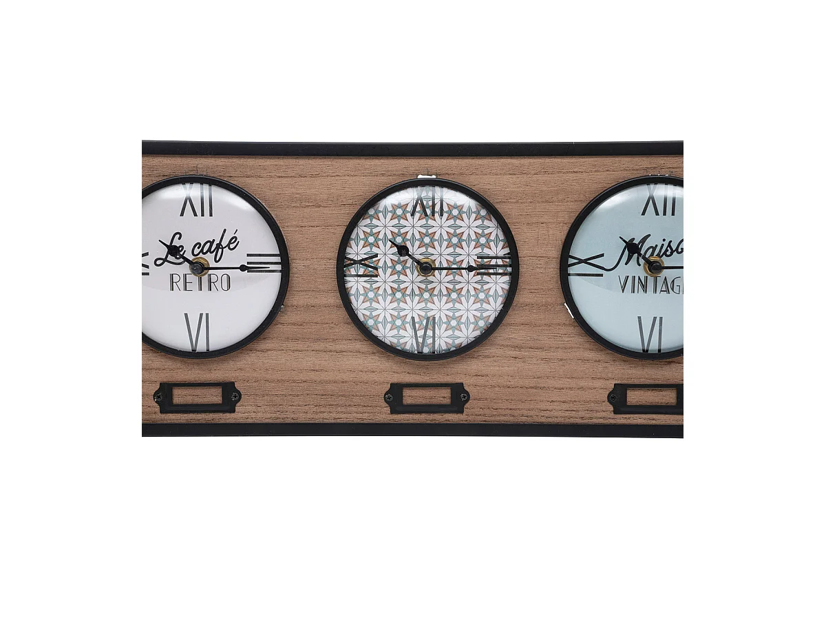 Pendule murale 3 cadrans en métal et bois 48 x 20 cm