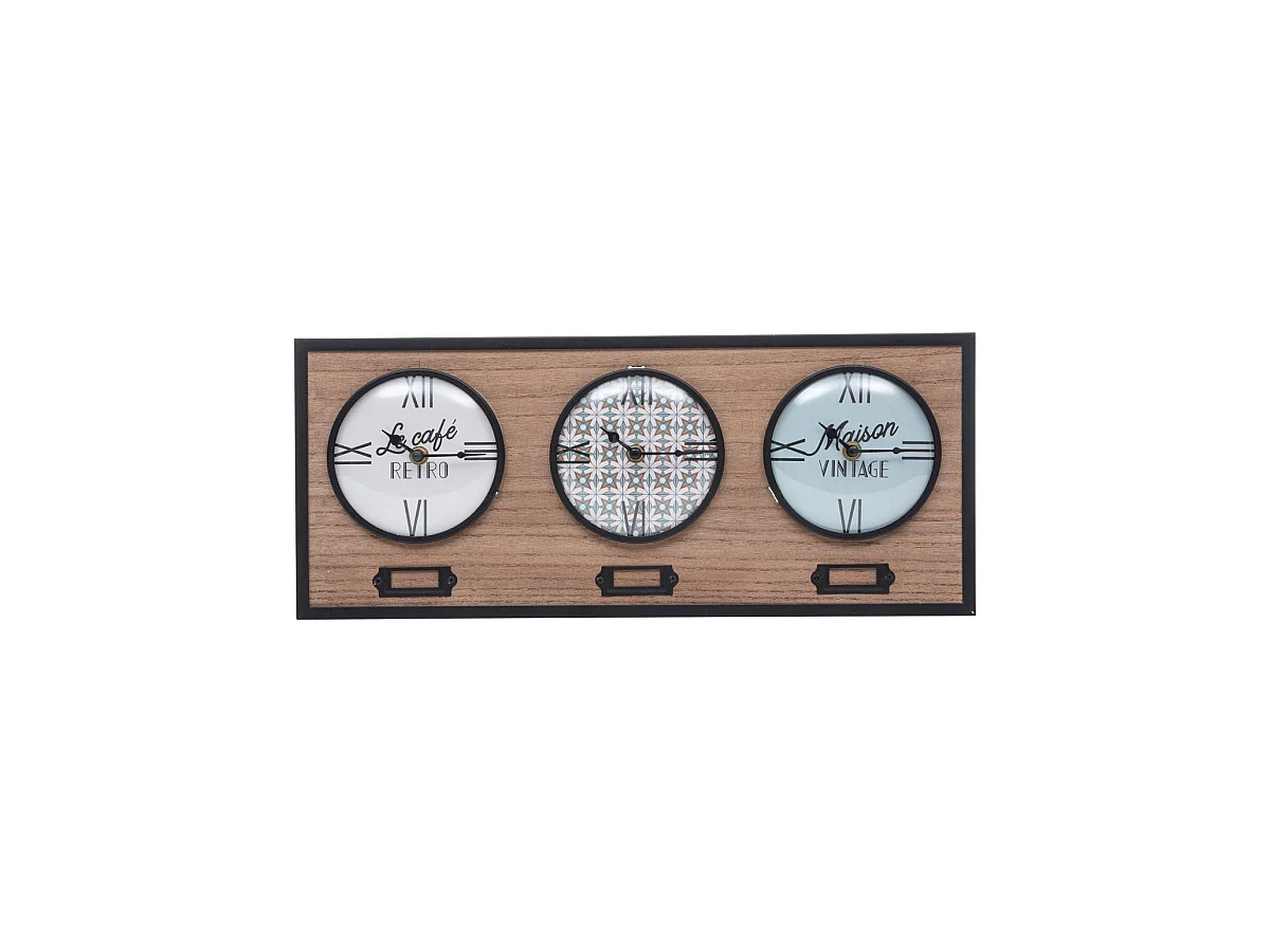 Pendule murale 3 cadrans en métal et bois 48 x 20 cm