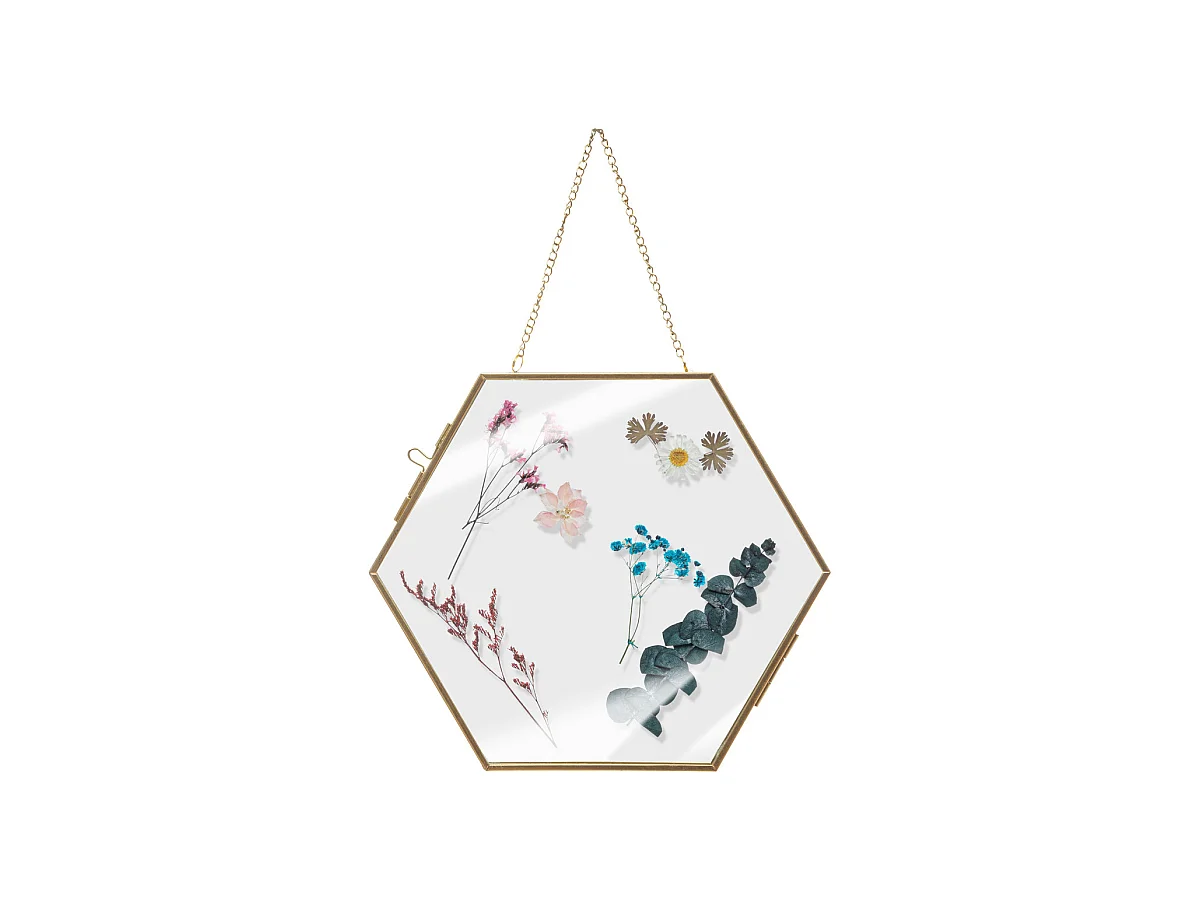 Déco murale Fleurs séchées en verre et métal doré 21 x 25 cm