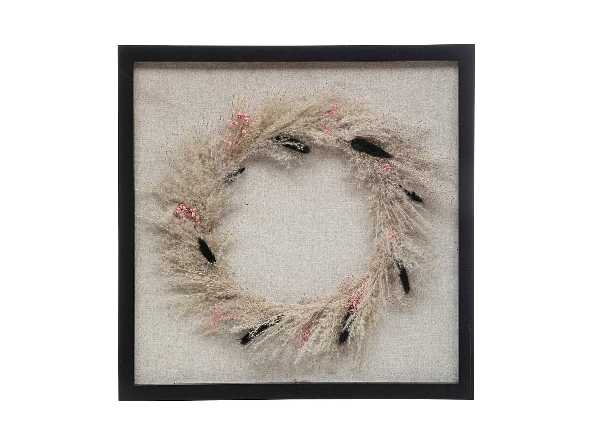 Déco murale Fleurs séchées cadre en bois et roseau 55 x 55 cm