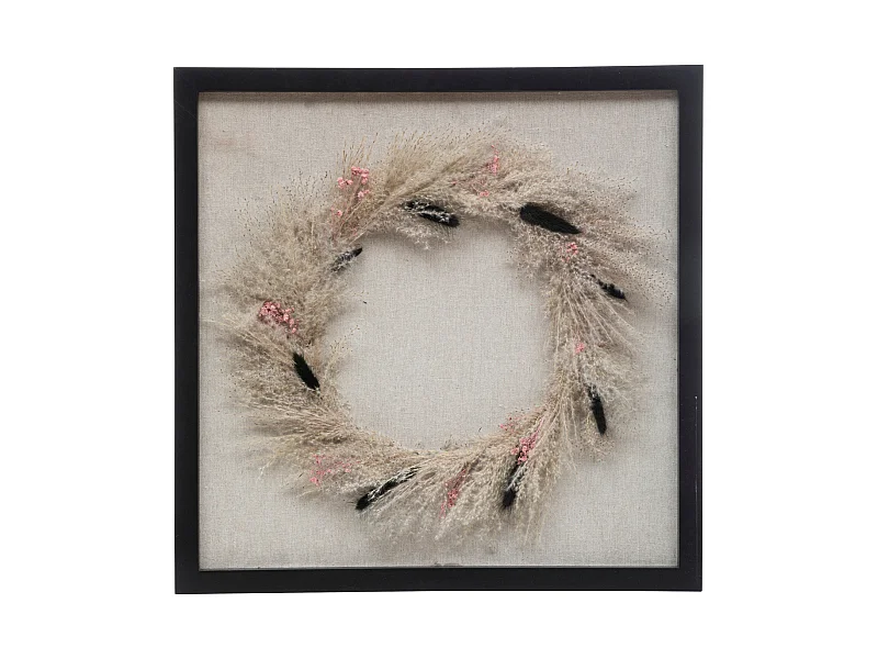 Déco murale Fleurs séchées cadre en bois et roseau 55 x 55 cm