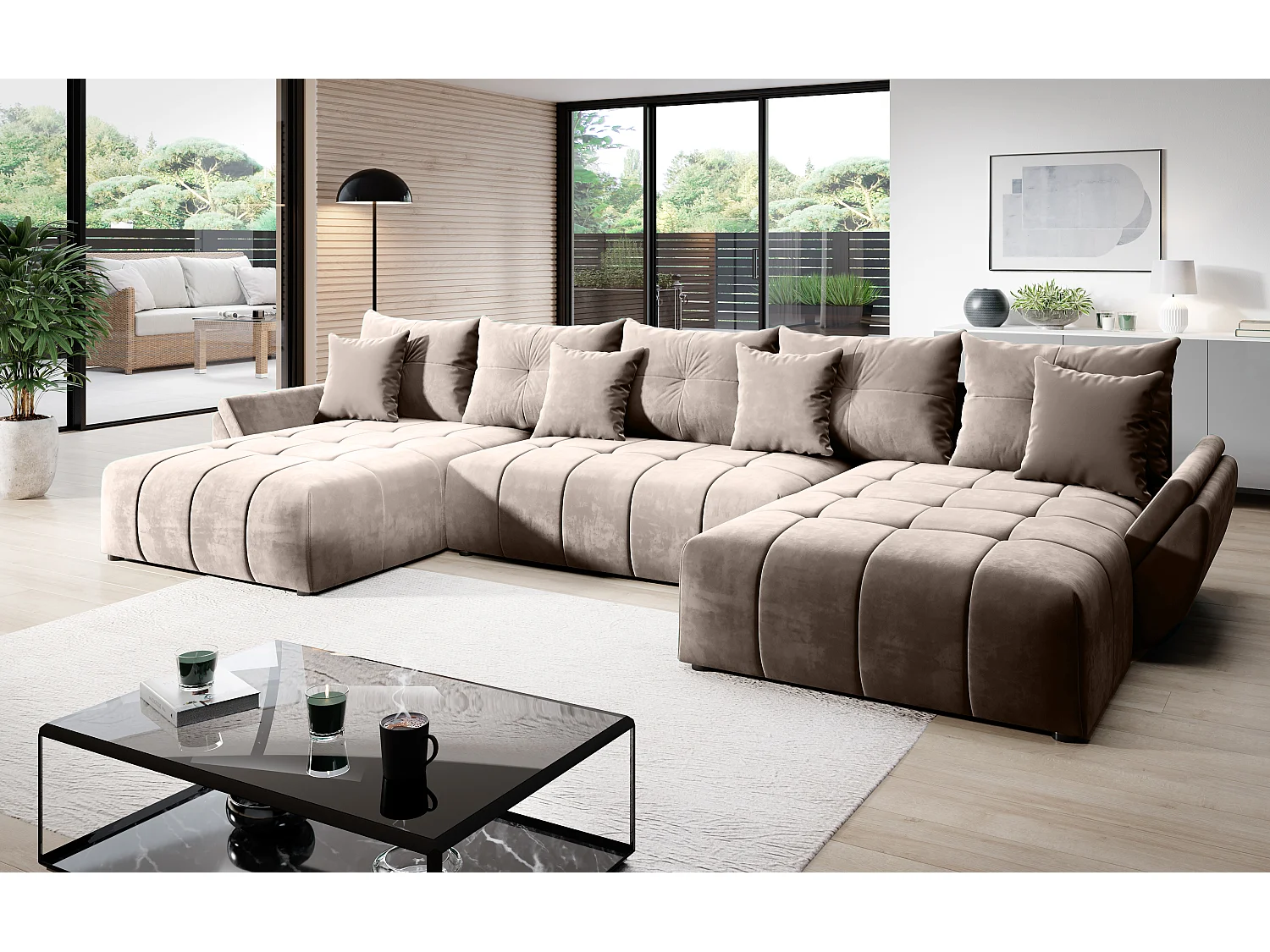 Schlafsofa CALVANI U mit Bettkasten und Kissen - Couch Sofa U-Form EN01 - beige