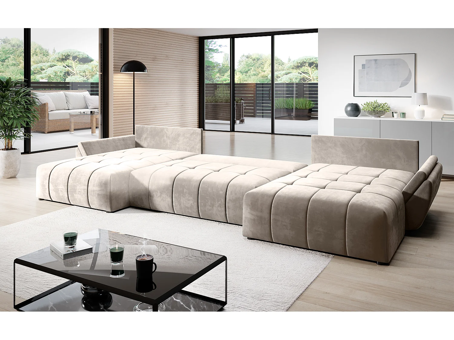 Schlafsofa CALVANI U mit Bettkasten und Kissen - Couch Sofa U-Form EN01 - beige