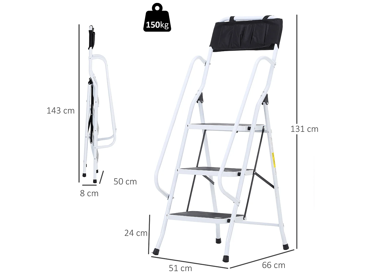 Escalera plegable blanco y negro 51x66x131 cm HOMCOM