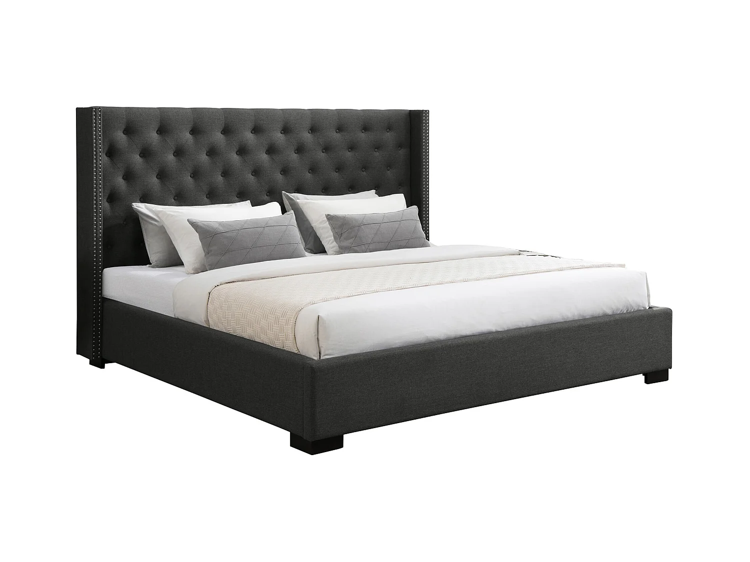 Bed 200 x 200 cm met hoofdbord met capitons - Stof - Grijs - MASSIMO