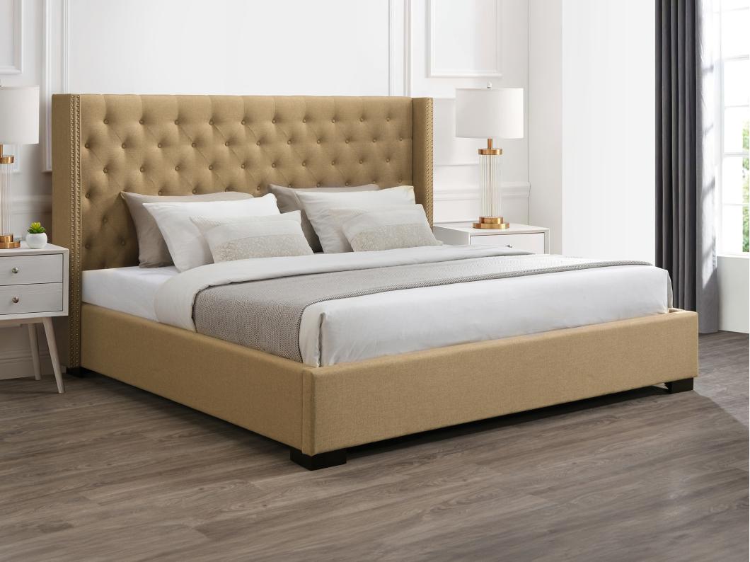 Lit 200 x 200 cm avec tête de lit capitonnée - Tissu - Beige - MASSIMO