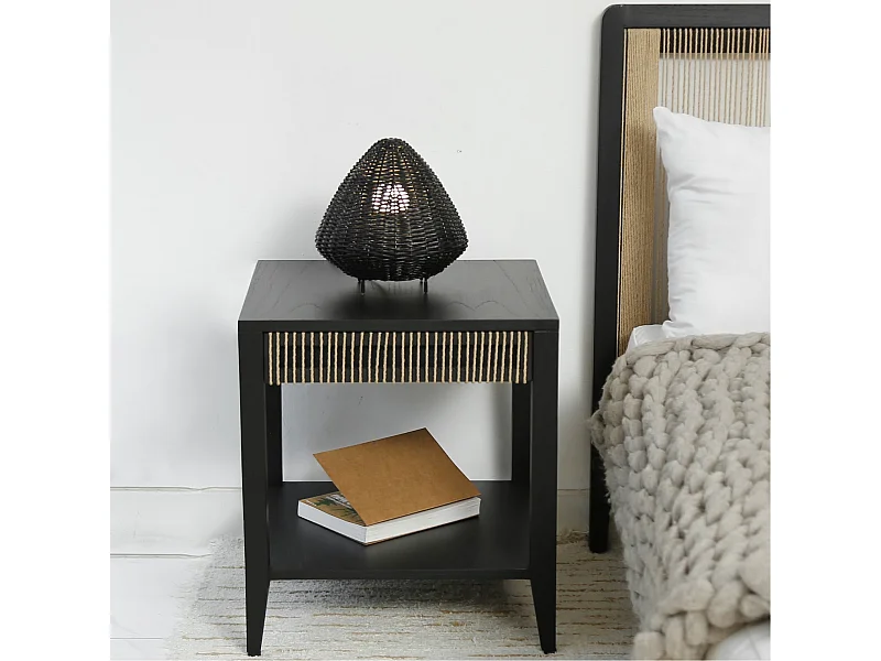 Slavia, table d'appoint carrée deux plateaux,  en bois  et loom, noir et naturel