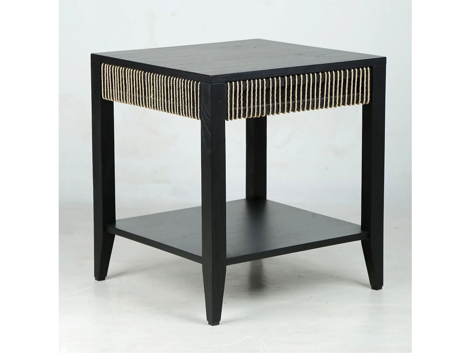 Slavia, table d'appoint carrée deux plateaux,  en bois  et loom, noir et naturel