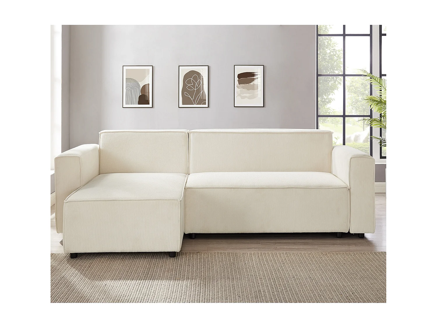 Canapé d'angle convertible réversible Lorenzo en velours côtelé Beige