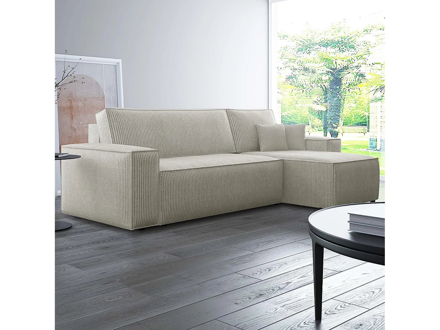 Canapé d'angle convertible réversible Lorenzo en velours côtelé Beige