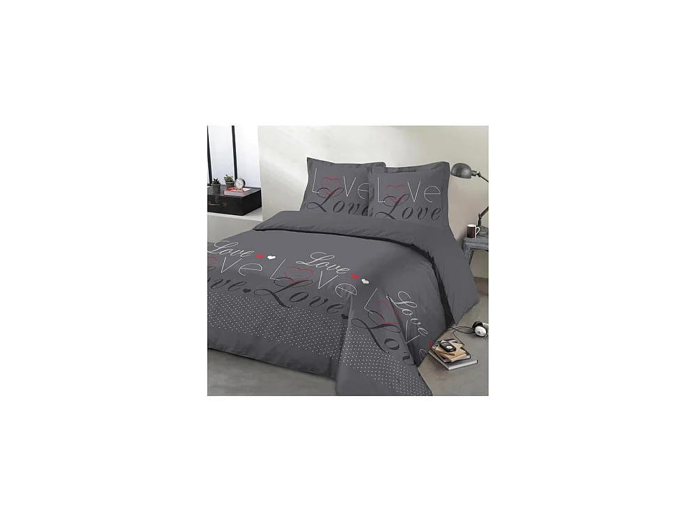 Parure de couette Love - 100% coton - 1 housse de couette 200 x 200 cm + 2 taies d'oreiller 65 x 65 cm - Gris