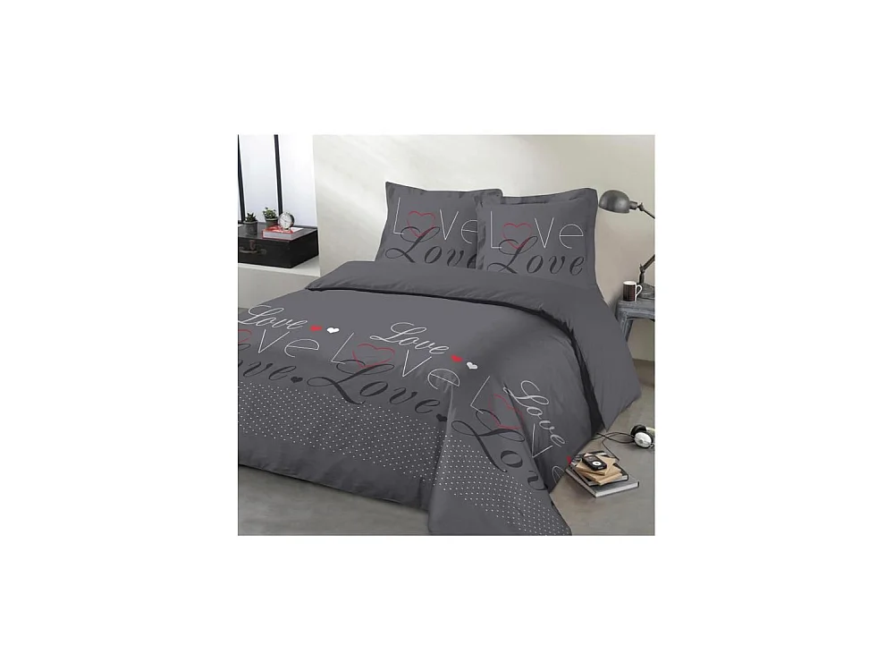 Parure de couette Love - 100% coton - 1 housse de couette 200 x 200 cm + 2 taies d'oreiller 65 x 65 cm - Gris