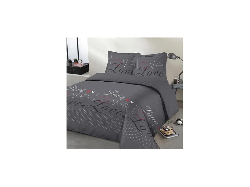 Parure de couette Love - 100% coton - 1 housse de couette 200 x 200 cm + 2 taies d'oreiller 65 x 65 cm - Gris
