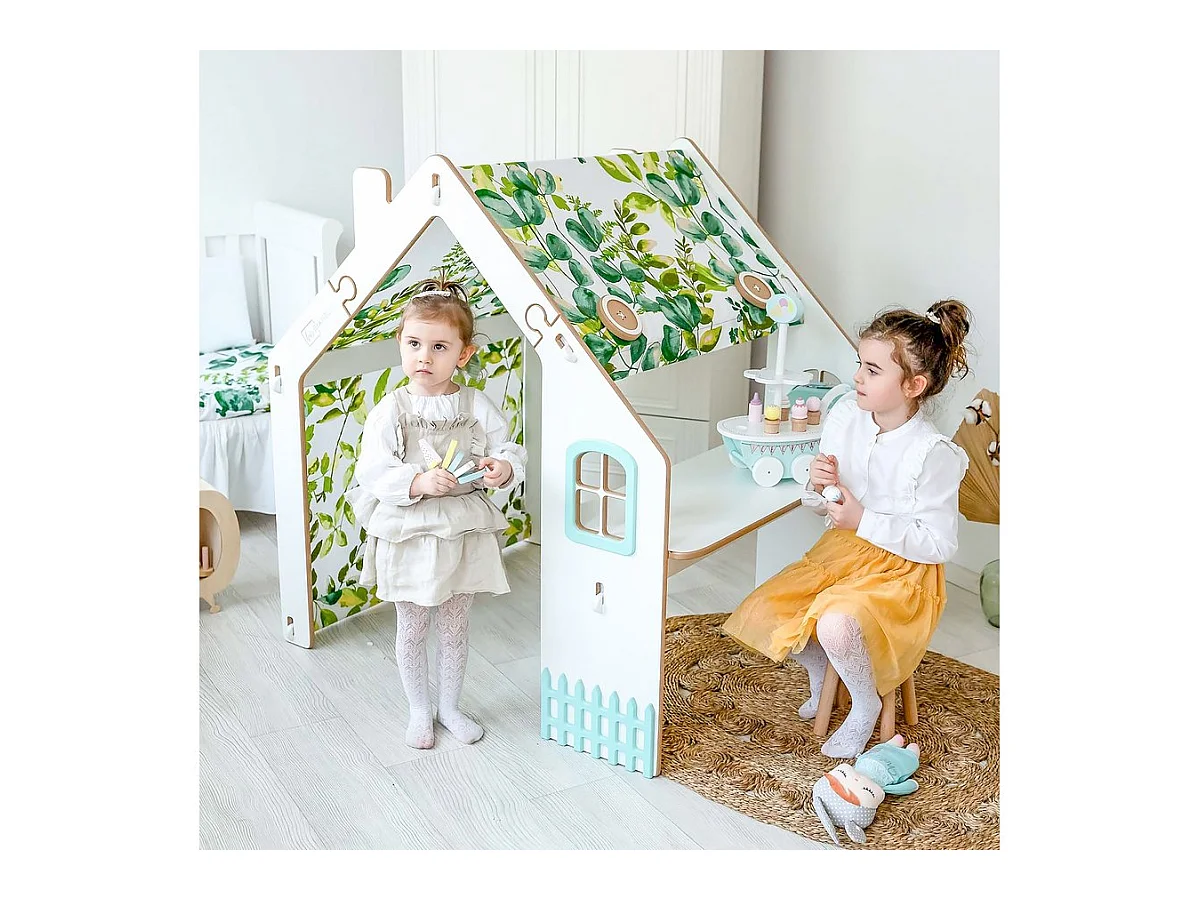 Maisonnette pour enfant en bois "Bianelli" avec bureau - 114 x 93 x 120 cm - Blanc / Menthe