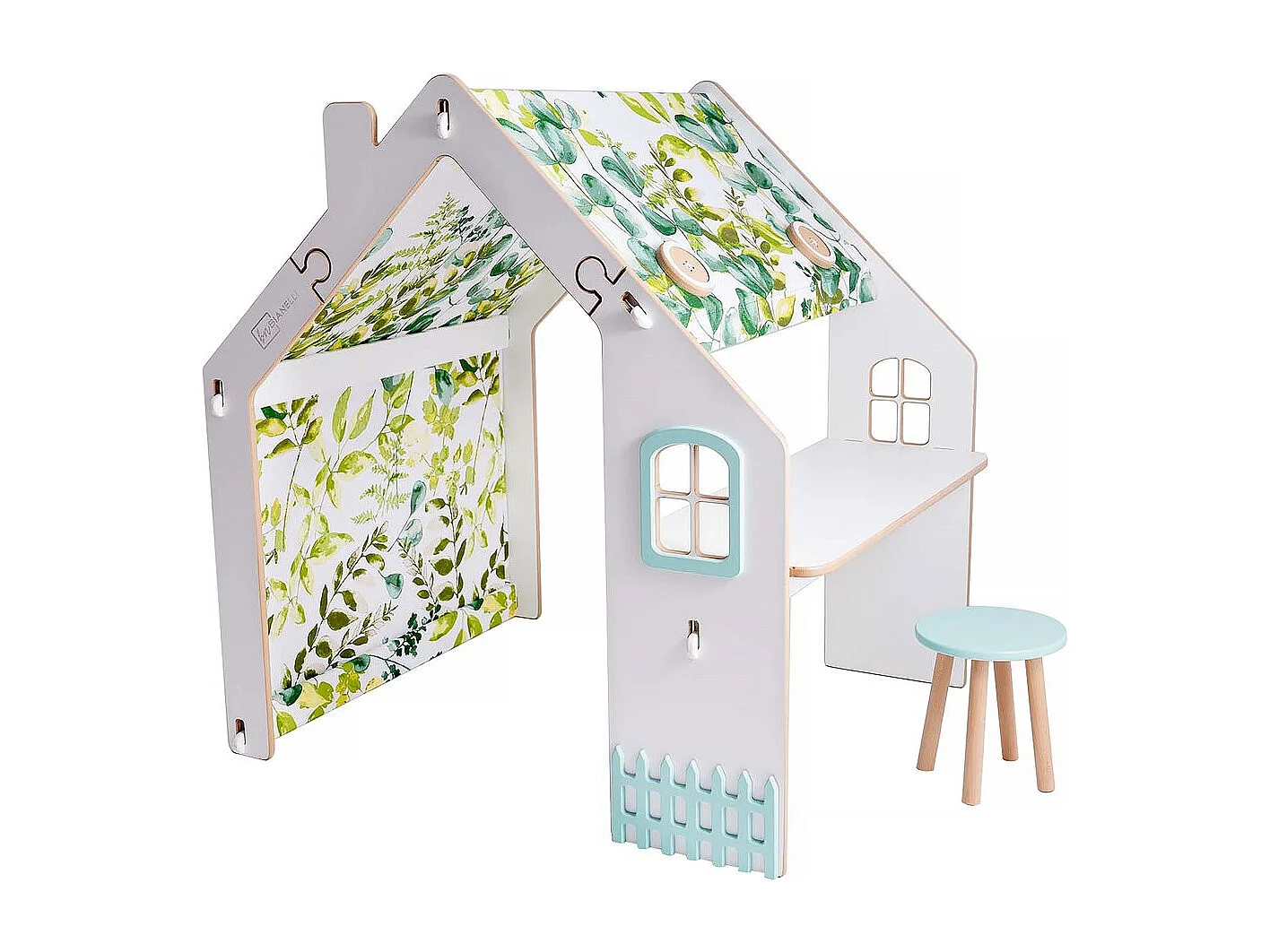Houten "Bianelli" speelhuisje met bureau en LED - Wit/Mint voor kinderen van 3 tot 8 jaar