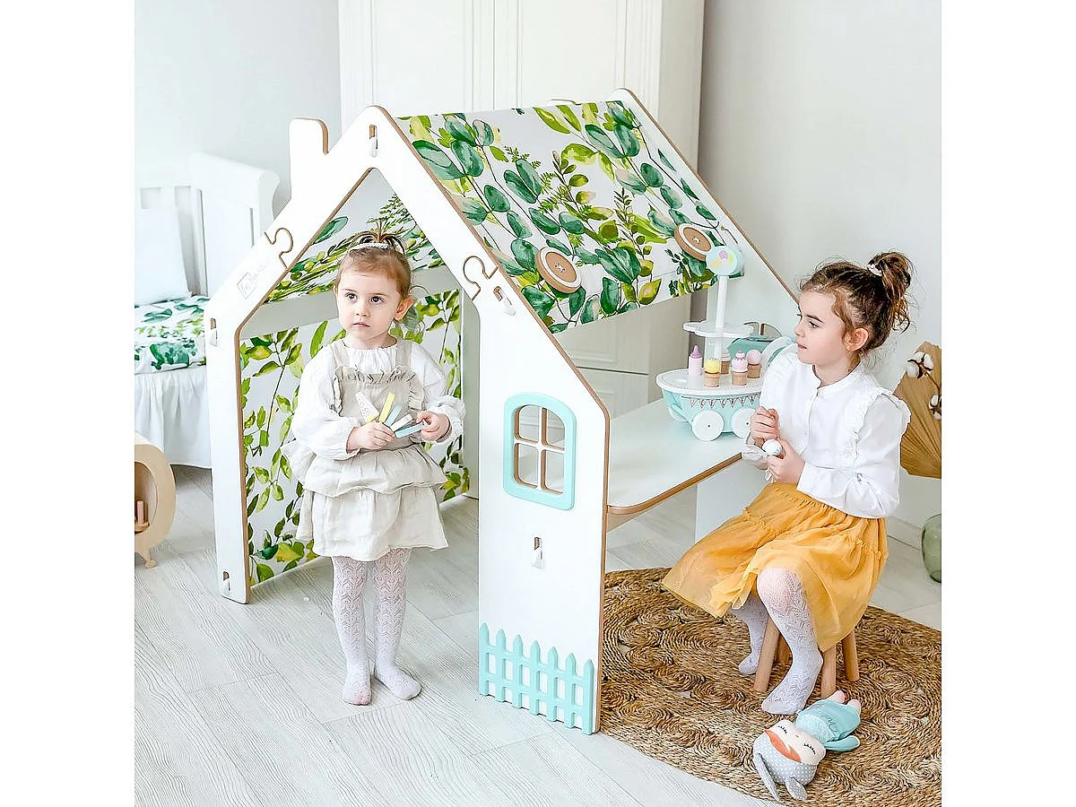 "Casa de Brincar para Crianças Bianelli em Madeira com Secretária e Iluminação LED - Branco/Menta - 114 x 93 x 120 cm"