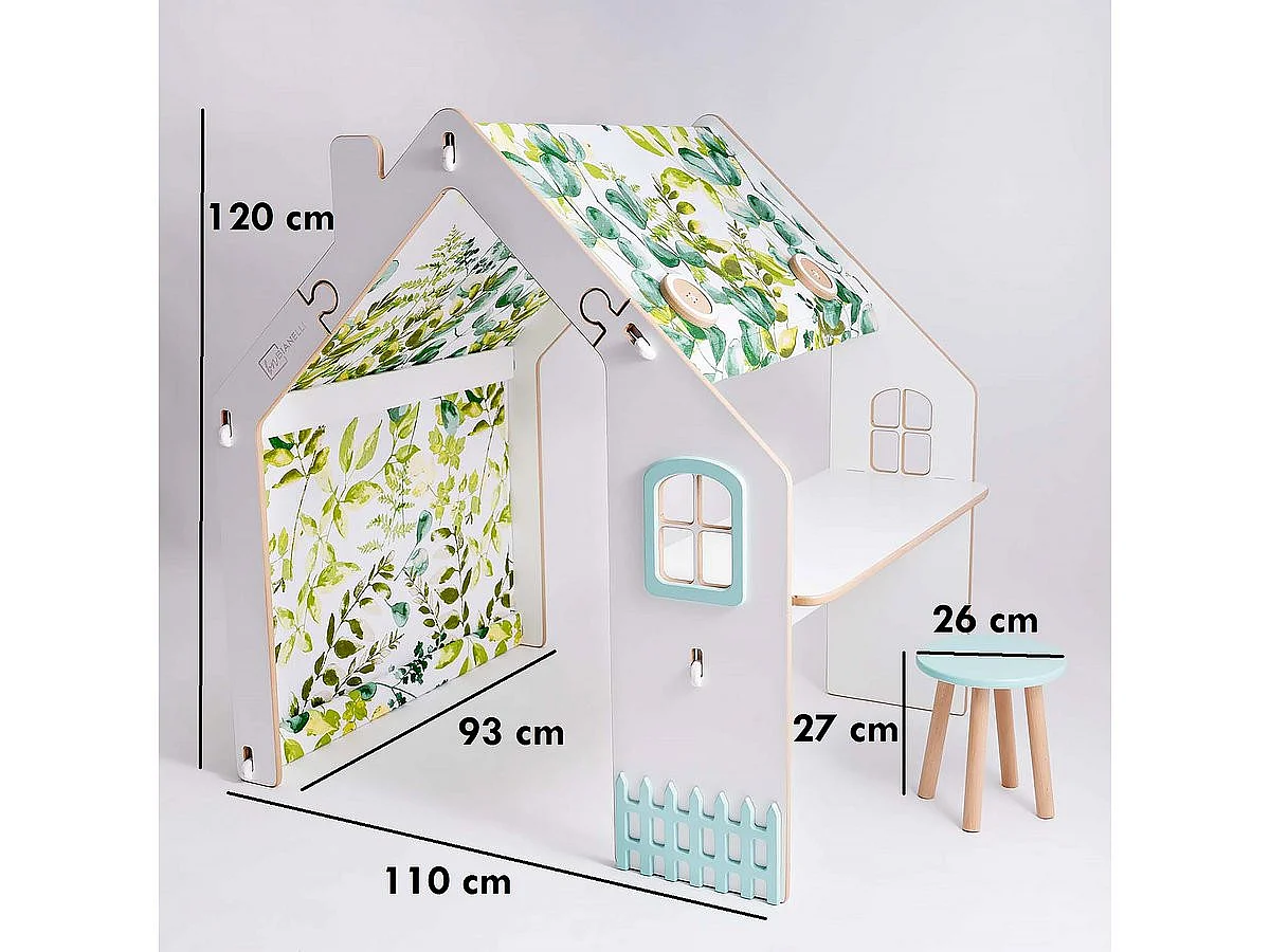 "Casa de Brincar para Crianças Bianelli em Madeira com Secretária e Iluminação LED - Branco/Menta - 114 x 93 x 120 cm"