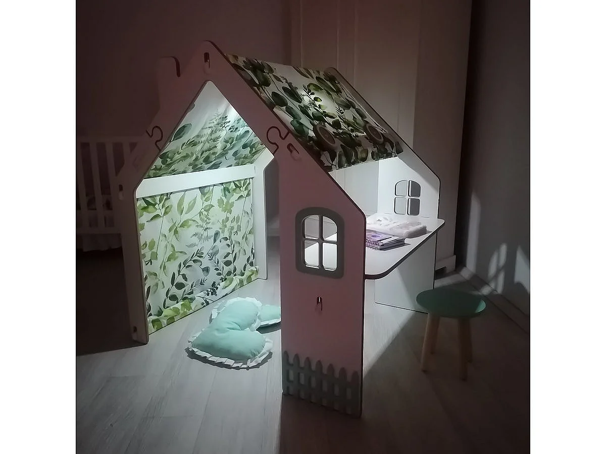 "Casa de Brincar para Crianças Bianelli em Madeira com Secretária e Iluminação LED - Branco/Menta - 114 x 93 x 120 cm"