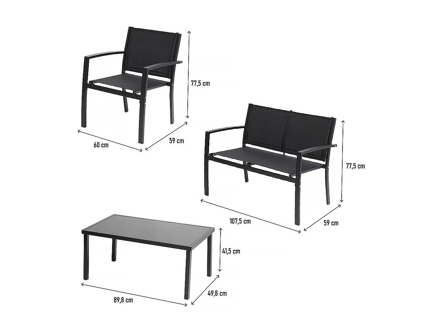 Salon de jardin bas "Lino" - 4 places  - Noir