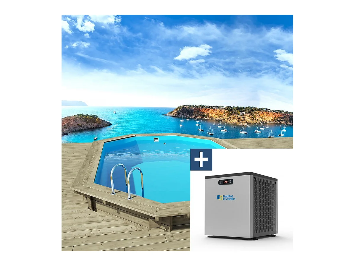 Piscine bois " Miami 130 " - 4.86 x 3.36 x 1.30 m + Mini Pompe à chaleur - Puissance 3.5 Kw