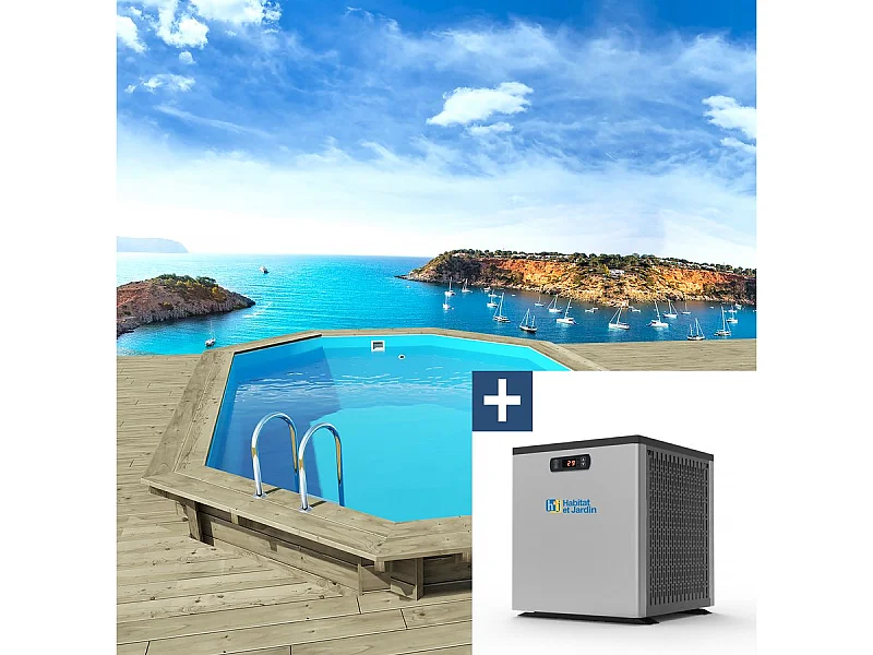 Piscine bois " Miami 130 " - 4.86 x 3.36 x 1.30 m + Mini Pompe à chaleur - Puissance 3.5 Kw