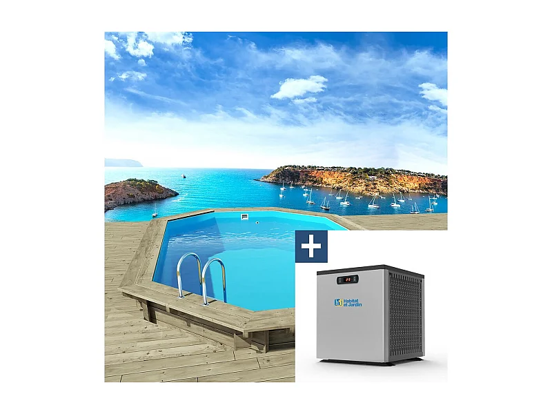 Piscine bois " Miami 130 " - 4.86 x 3.36 x 1.30 m + Mini Pompe à chaleur - Puissance 3.5 Kw