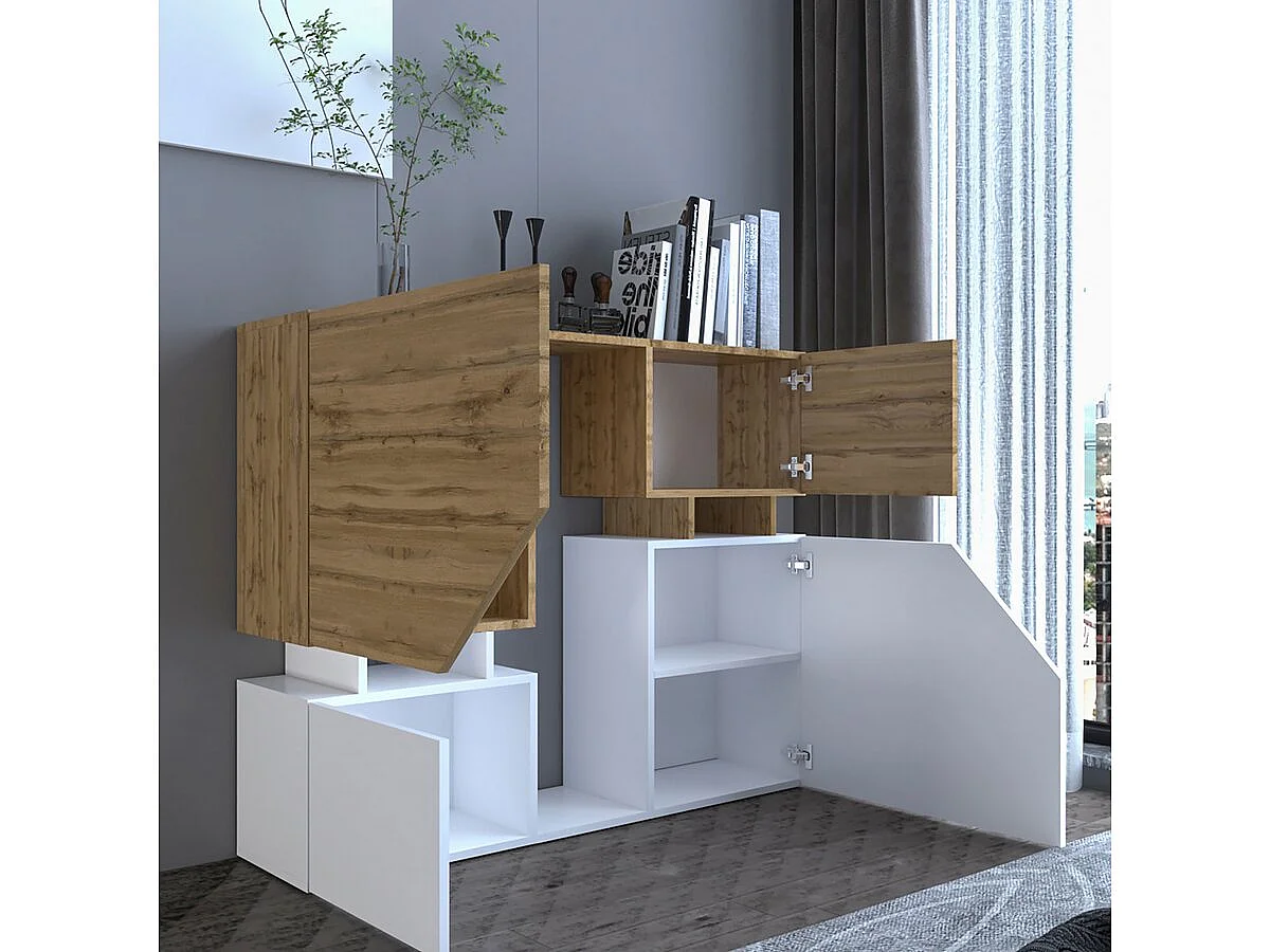 Buffet alto "Ceelias" - 120 x 32 x 100 cm - Blanco/Marrón