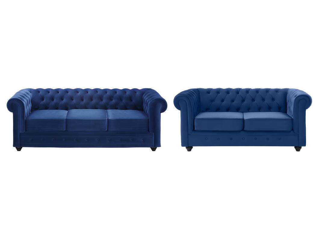 Couchgarnitur 3+2 - Samt - Dunkelblau - CHESTERFIELD