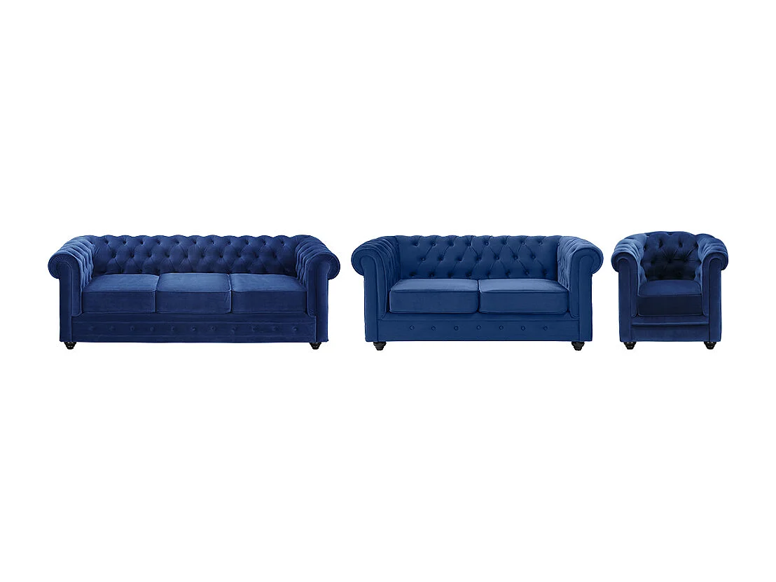 Canapés 3 places 2 places et un fauteuil CHESTERFIELD - Velours bleu roi