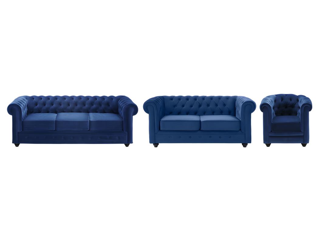 Canapés 3 places 2 places et un fauteuil CHESTERFIELD - Velours bleu roi