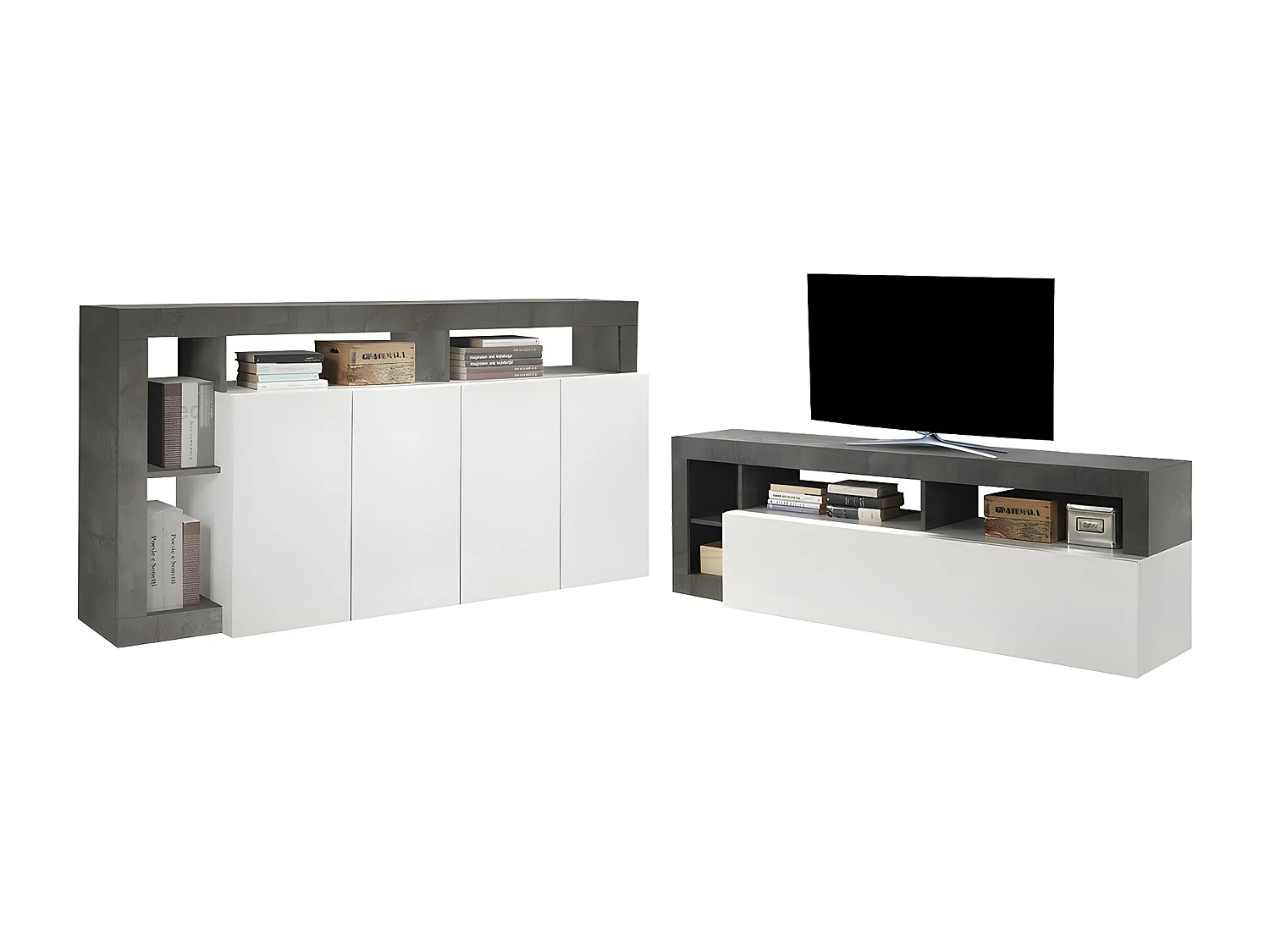Set Sideboard + TV-Möbel - Weiß lackiert & Beton - SEFRO