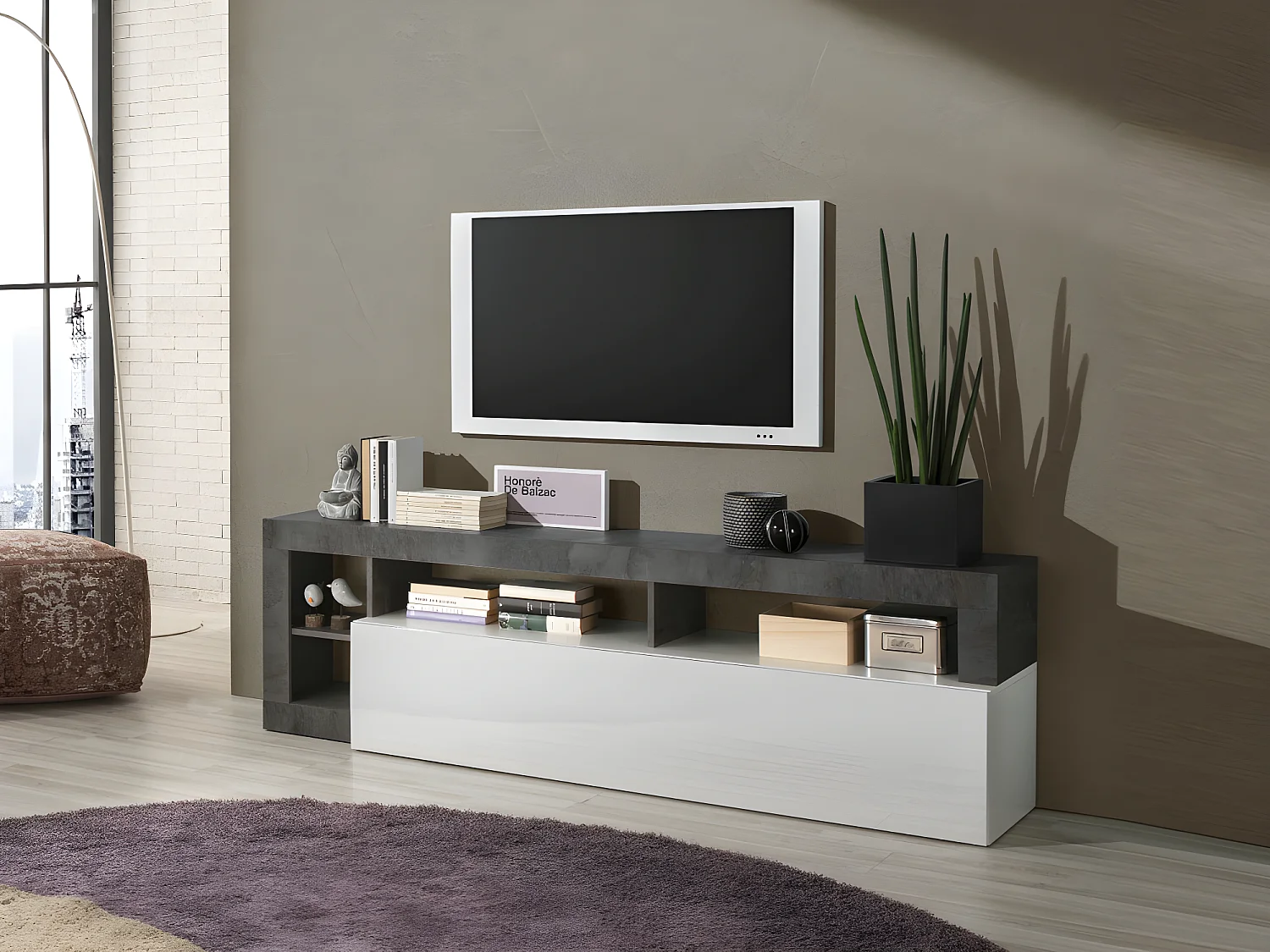 Set Sideboard + TV-Möbel - Weiß lackiert & Beton - SEFRO