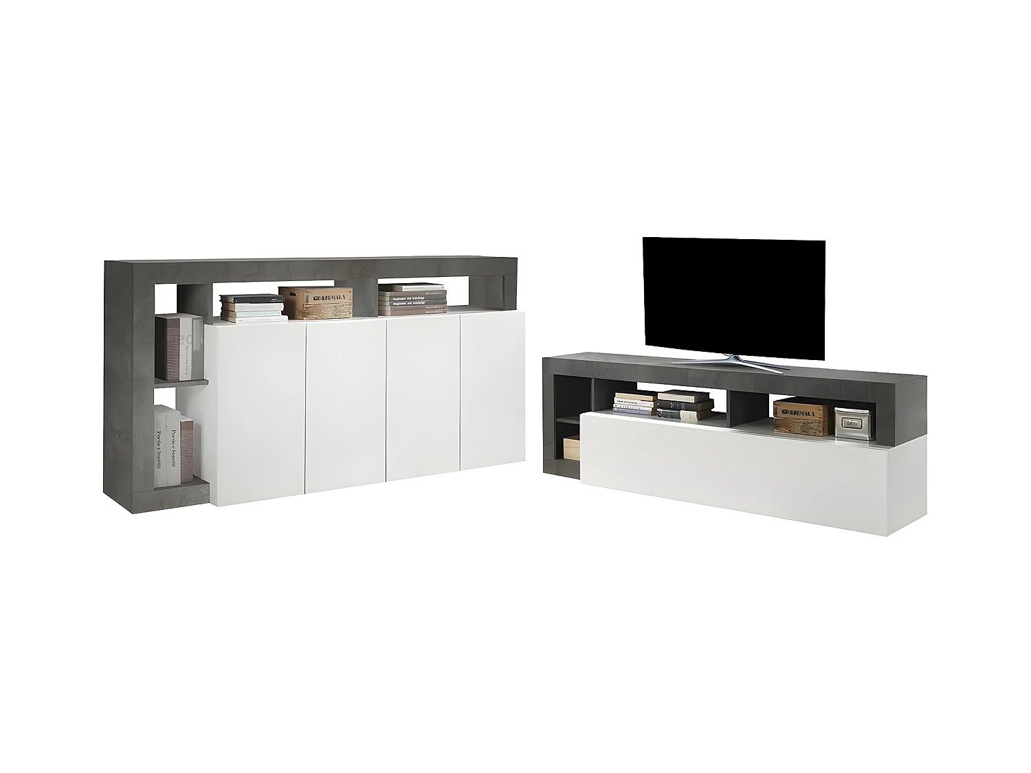 Set Sideboard + TV-Möbel - Weiß lackiert & Beton - SEFRO