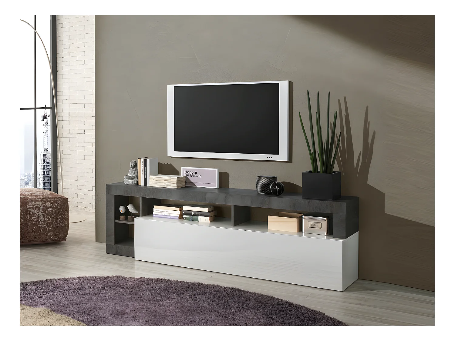 Ensemble Buffet et Meuble TV - Blanc laqué et béton - Séjour contemporain SEFRO