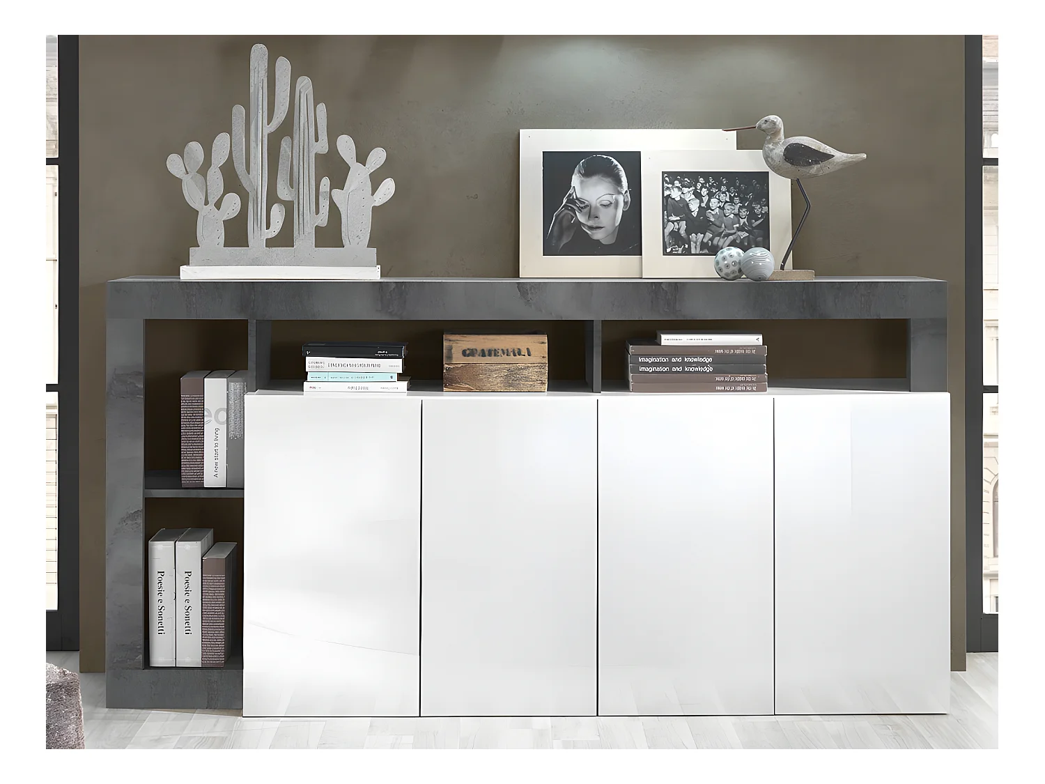Ensemble Buffet et Meuble TV - Blanc laqué et béton - Séjour contemporain SEFRO