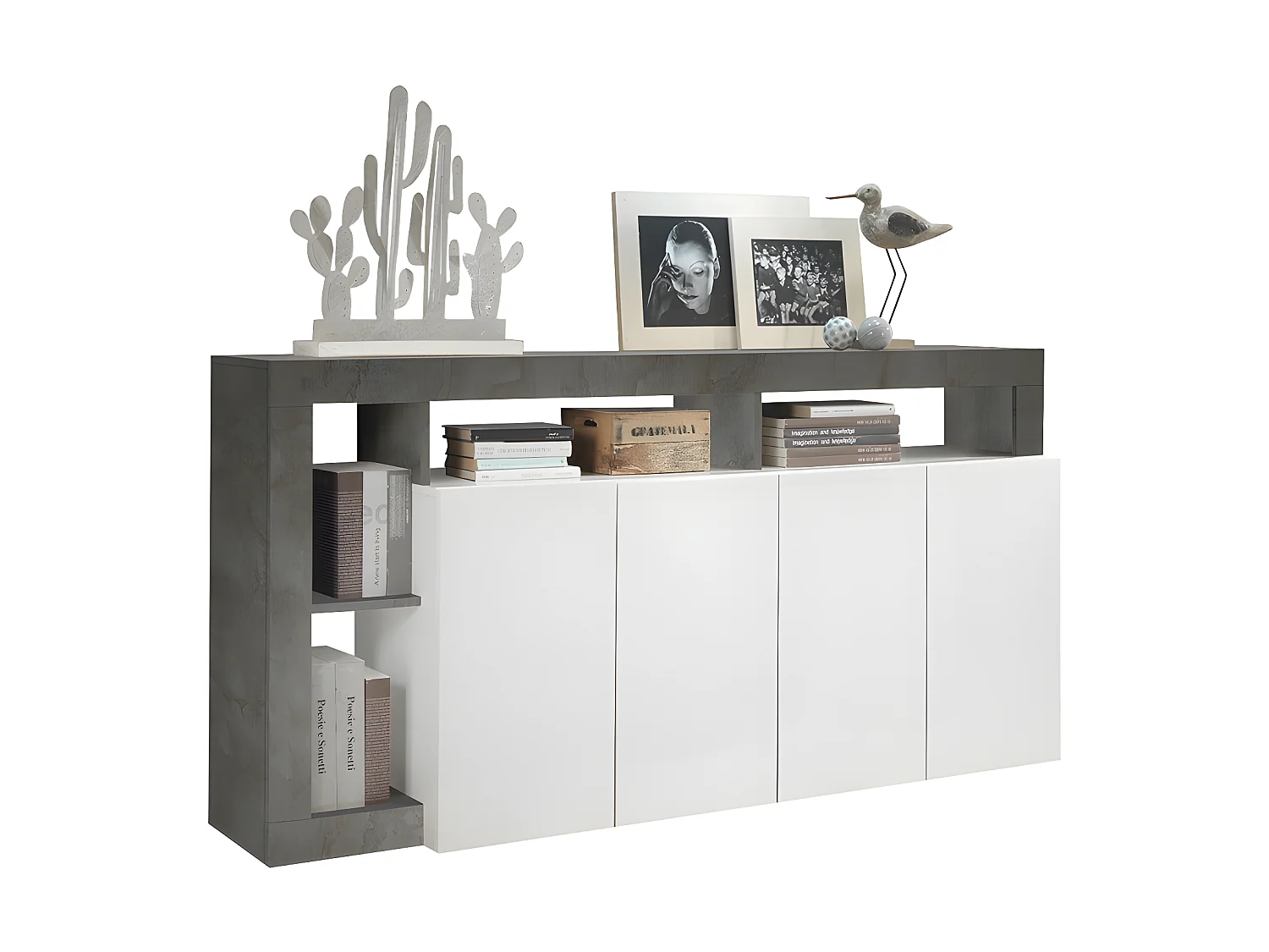 Ensemble Buffet et Meuble TV - Blanc laqué et béton - Séjour contemporain SEFRO