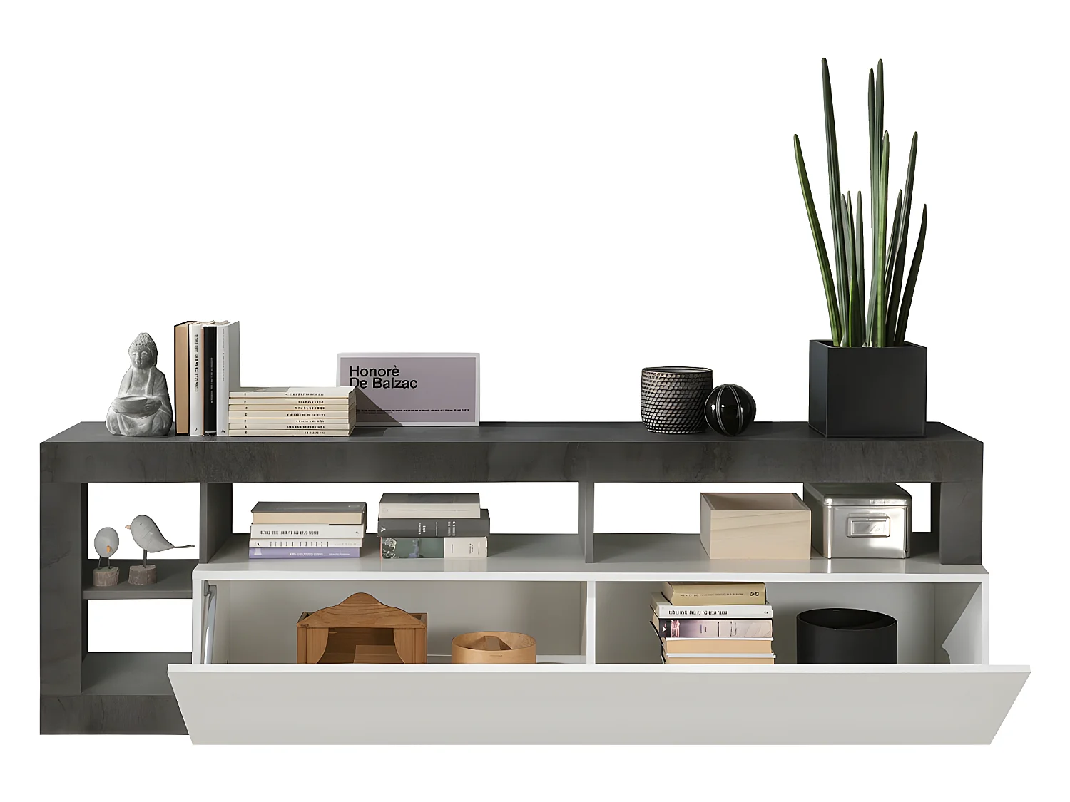 Ensemble Buffet et Meuble TV - Blanc laqué et béton - Séjour contemporain SEFRO