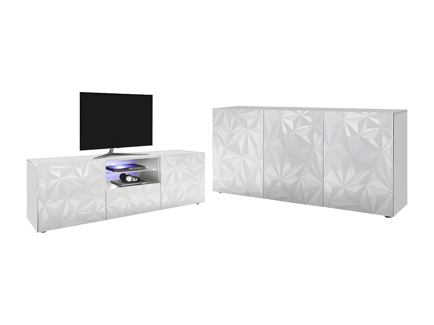 Conjunto Aparador y Mueble TV - Comedor luminoso ERIS - Blanco lacado